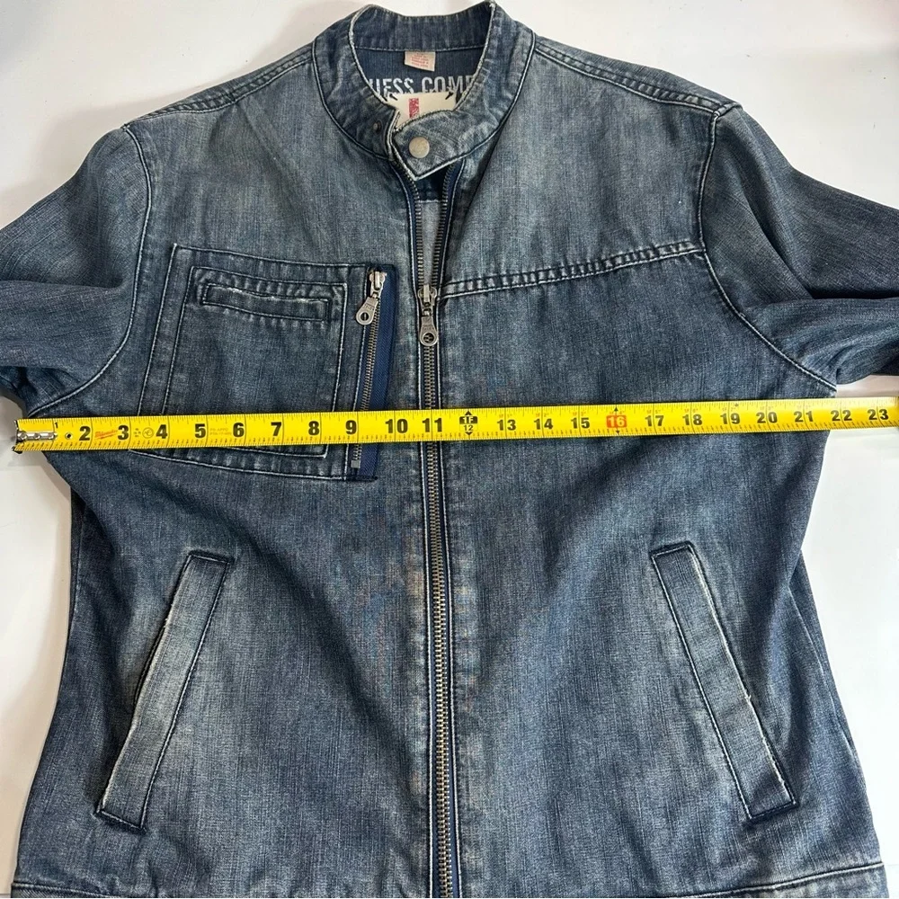 GUESS CAFE RACER jean jacket ZIP FRONT distressed blue denim UNISEX blue jean L